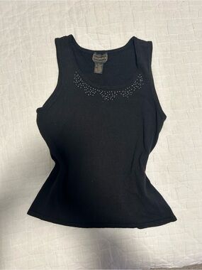 Vintage 90s Viscose Too- Black Sleeveless Tank with Rhinestone Detail